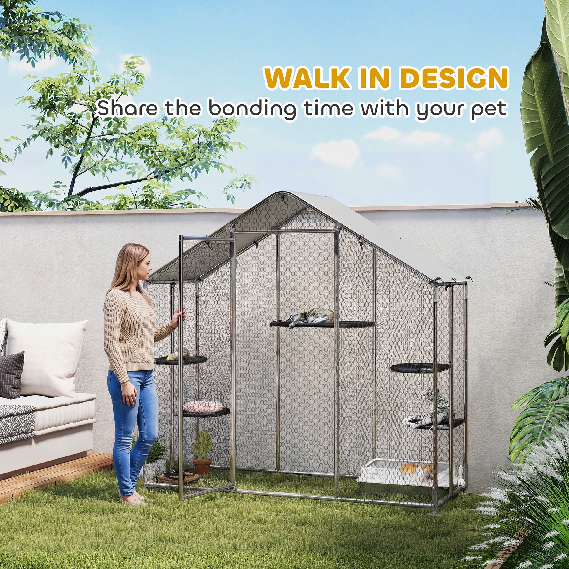 Large Outdoor Catio Enclosure with Waterproof Cover - Silver-DECOROLALA