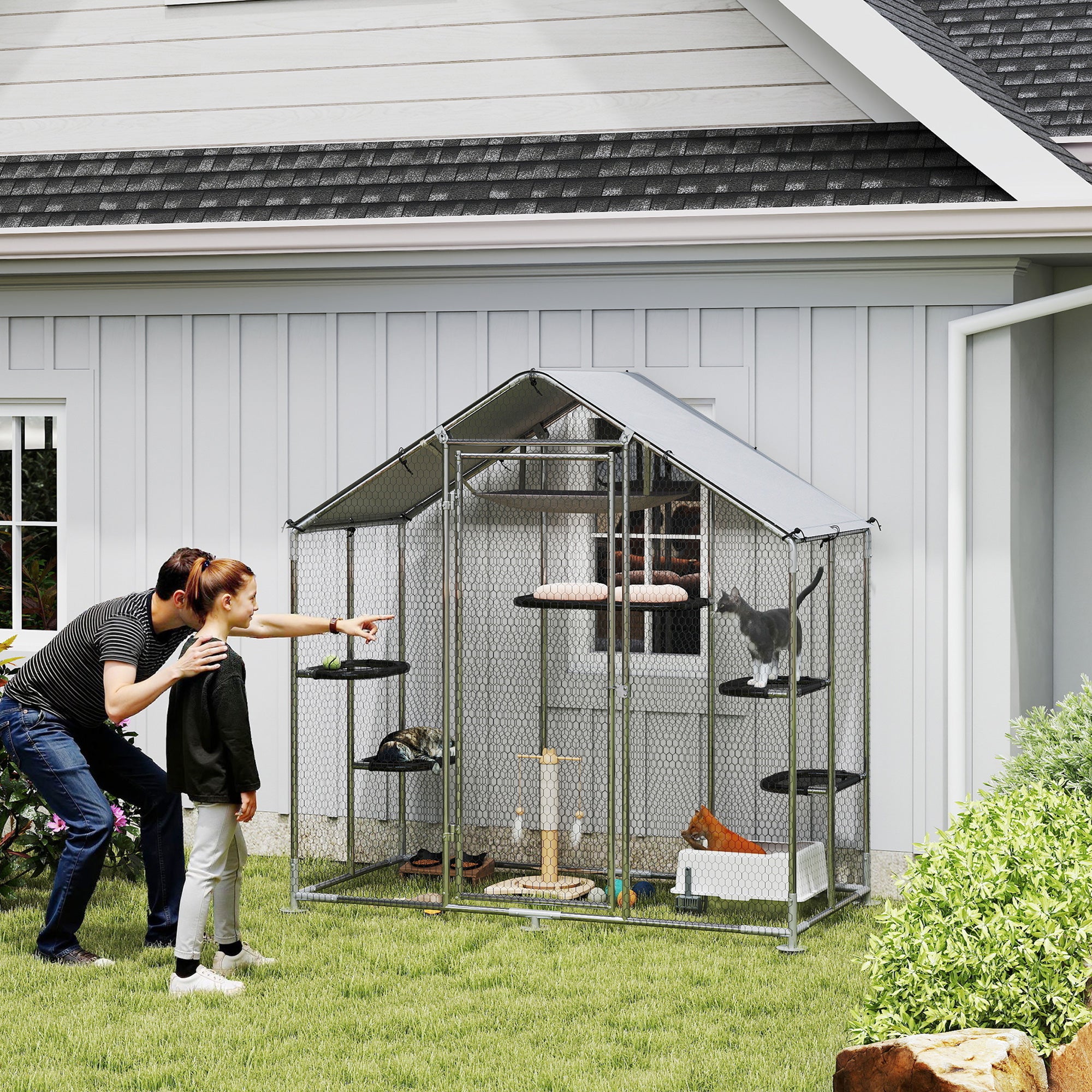 Large Outdoor Catio Enclosure with Waterproof Cover - Silver-DECOROLALA
