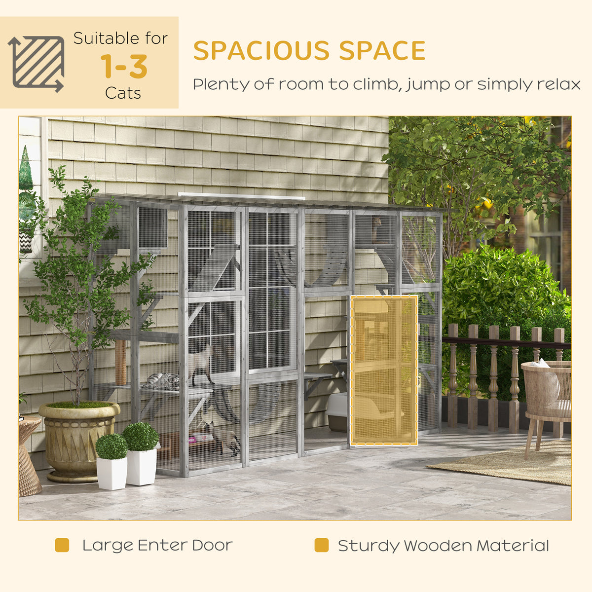 Large Outdoor Catio - Grey 118" Wooden Cat Enclosure with Roof-Cat Supplies-DECOROLALA