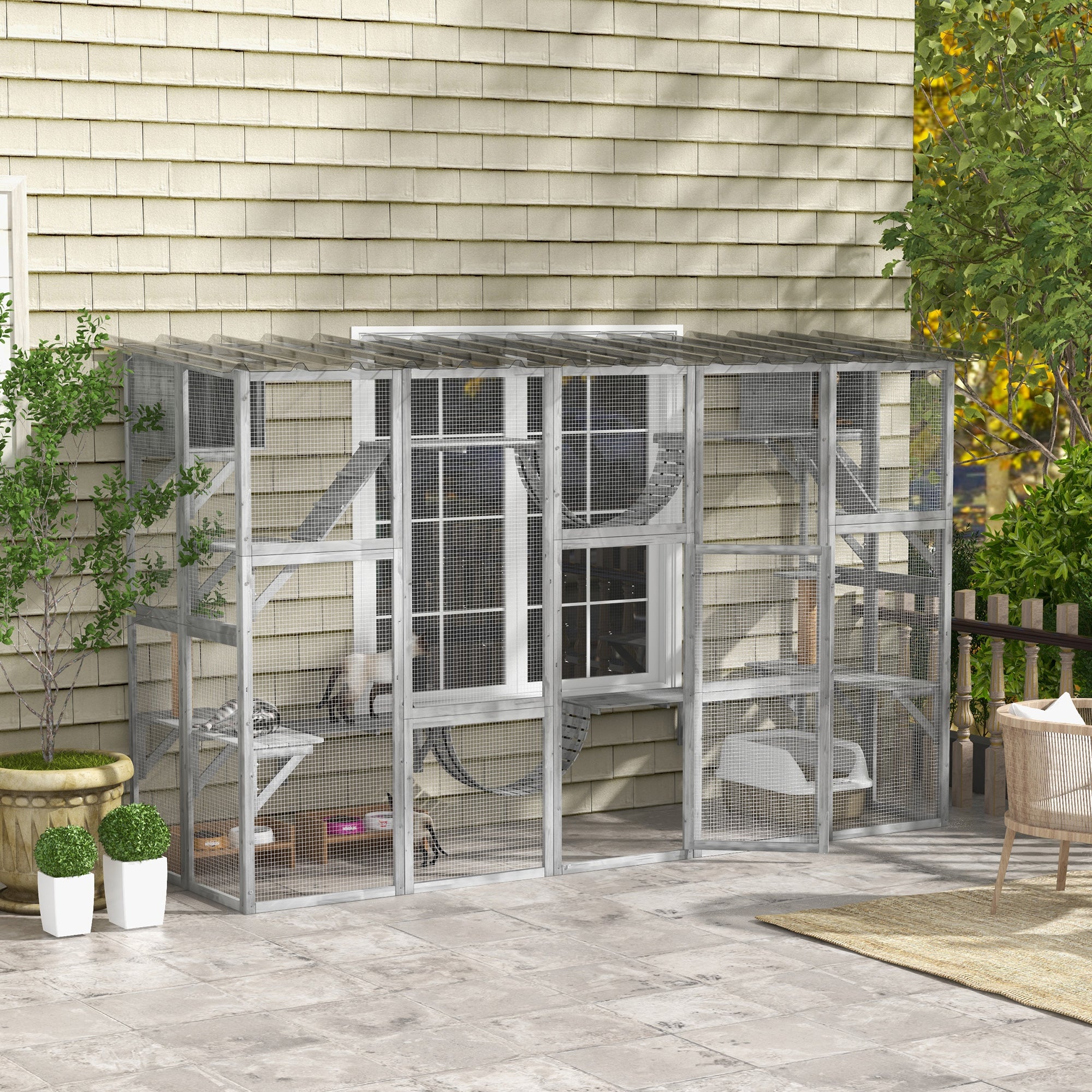 Large Outdoor Catio - Grey 118" Wooden Cat Enclosure with Roof-Cats-DECOROLALA