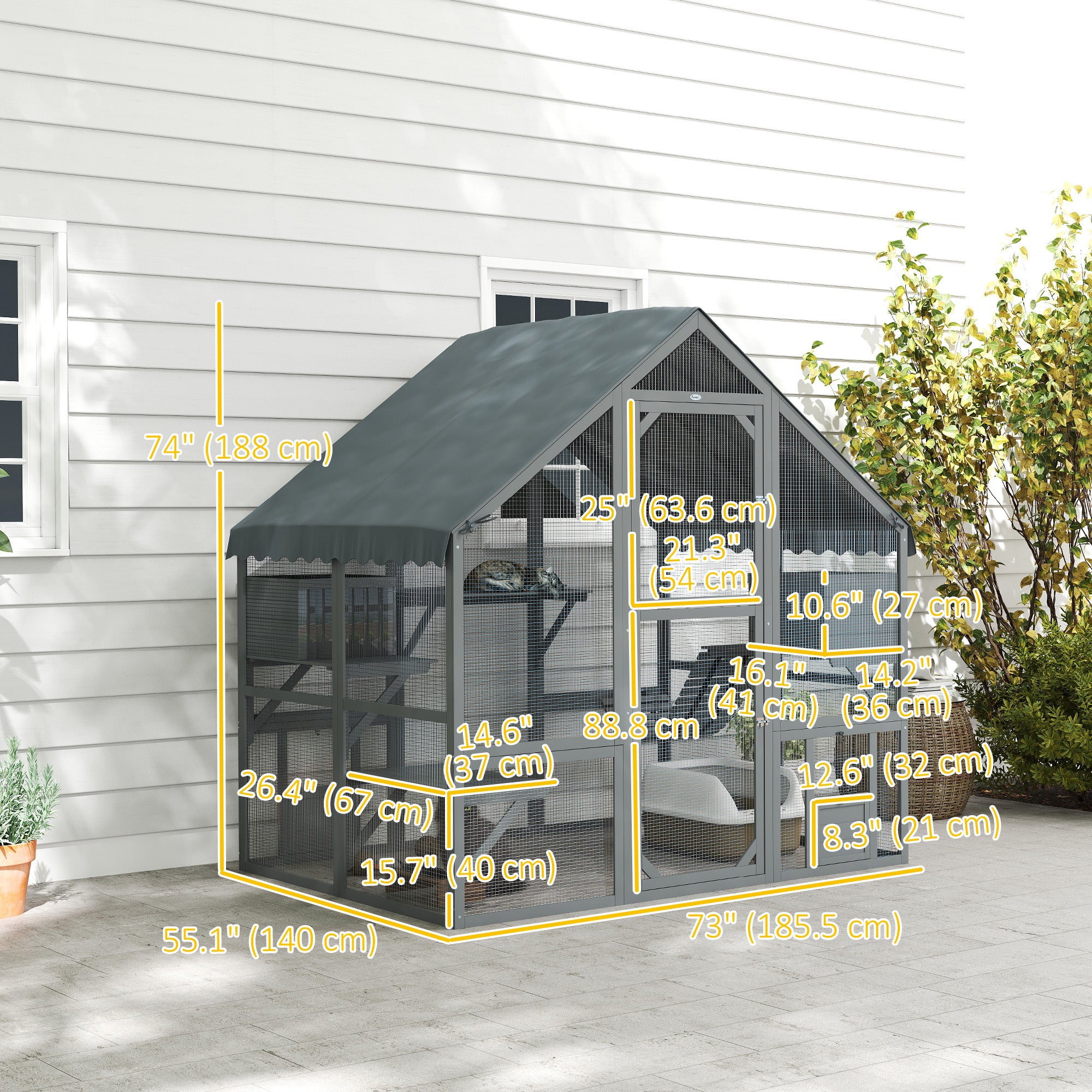 Large Outdoor Catio - Grey Fir Wood Cat Enclosure 73" W-DECOROLALA