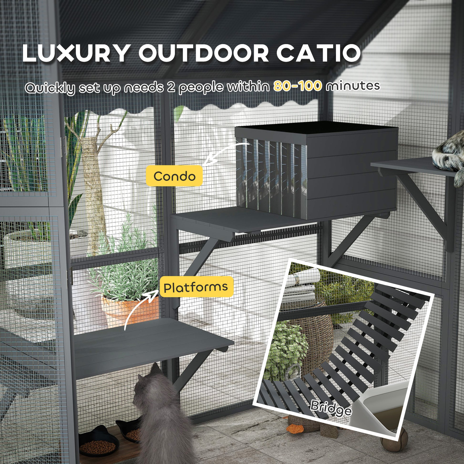 Large Outdoor Catio - Grey Fir Wood Cat Enclosure 73" W-DECOROLALA