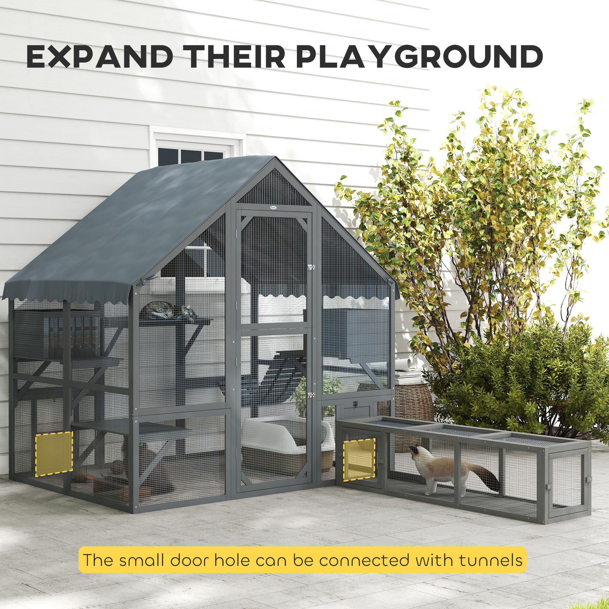 Large Outdoor Catio - Grey Fir Wood Cat Enclosure 73" W-DECOROLALA