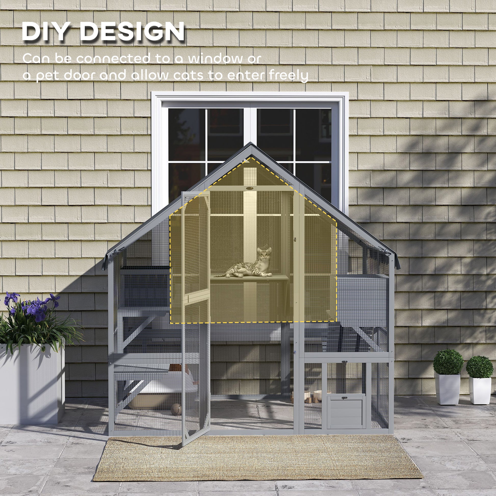 Large Outdoor Catio - Grey Fir Wood Cat Enclosure 73" W-DECOROLALA