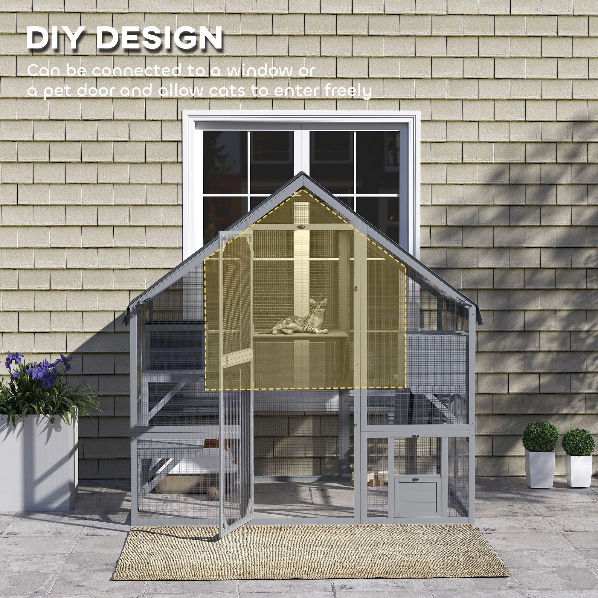 Large Outdoor Catio - Grey Fir Wood Cat Enclosure 73" W-DECOROLALA