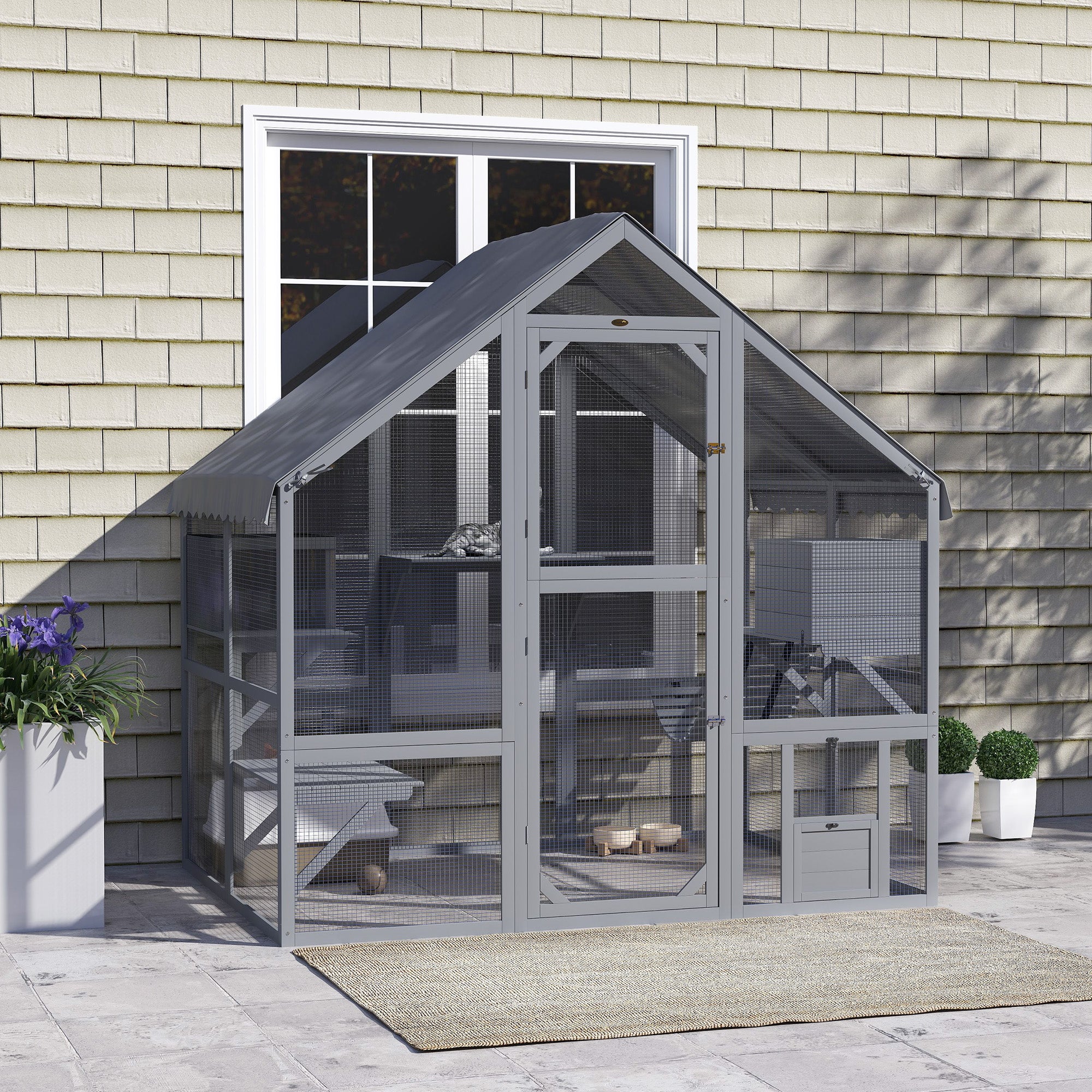 Large Outdoor Catio - Grey Fir Wood Cat Enclosure 73" W-DECOROLALA