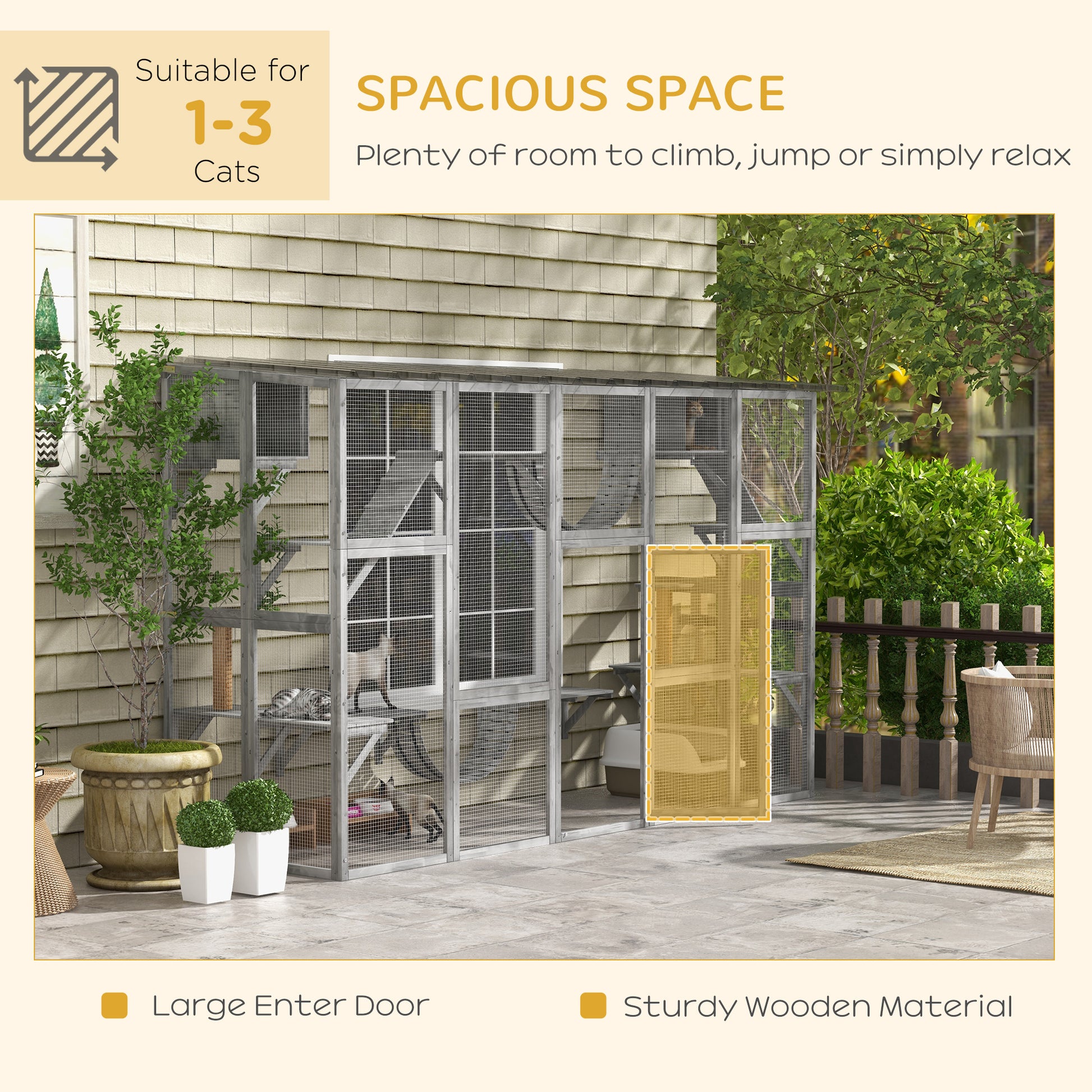 Large Outdoor Catio - Grey Wood Cat Enclosure 118" W x 74" H-DECOROLALA