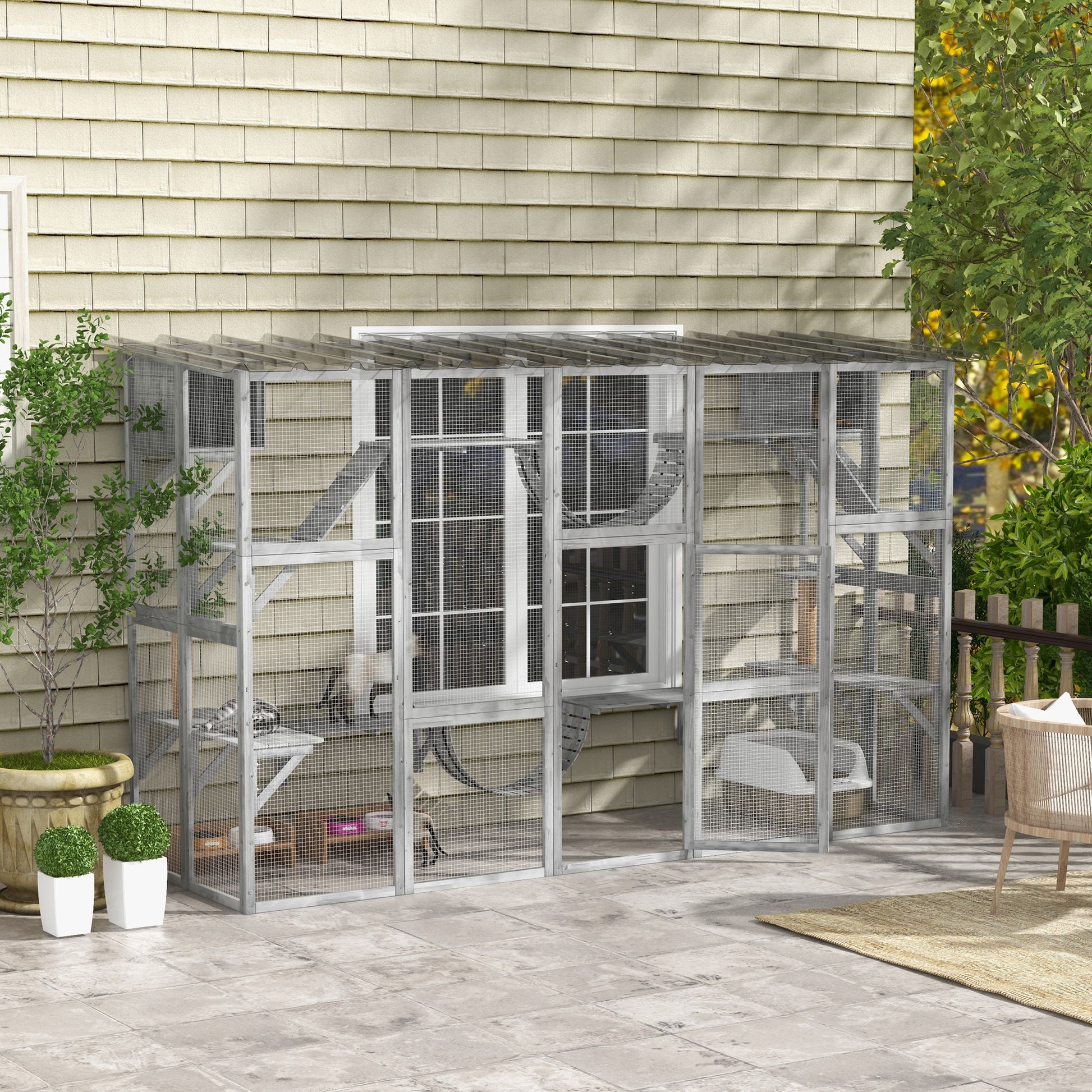Large Outdoor Catio - Grey Wood Cat Enclosure 118" W x 74" H-DECOROLALA