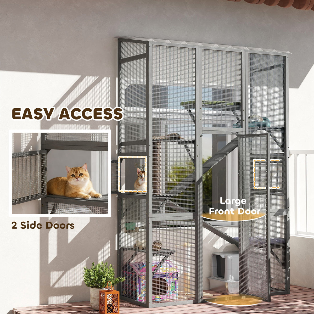 Large Outdoor Catio - Grey Wood Cat Enclosure with Platforms-Cats-DECOROLALA