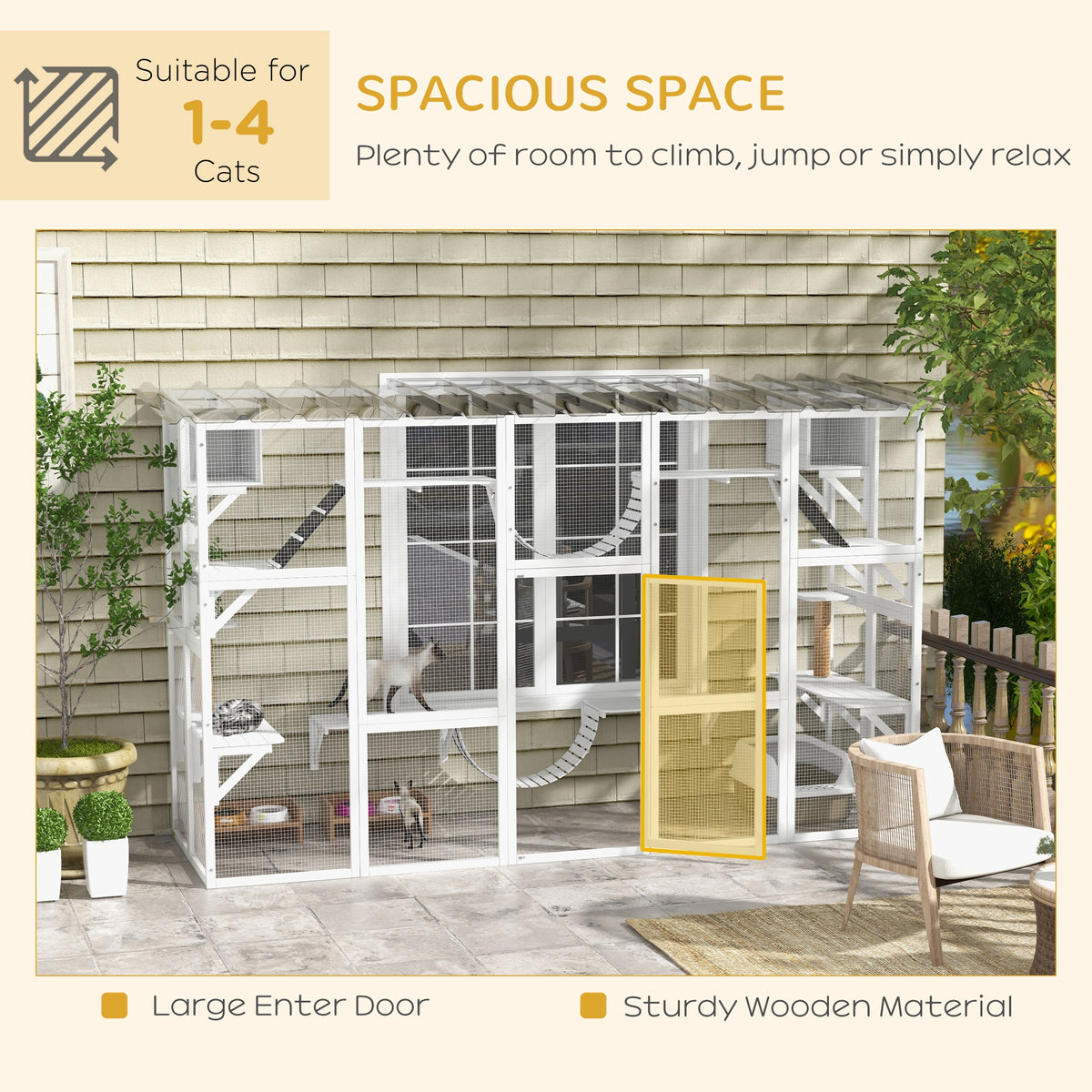 Large Outdoor Catio - White 118" Wooden Cat Enclosure-Cat Supplies-DECOROLALA