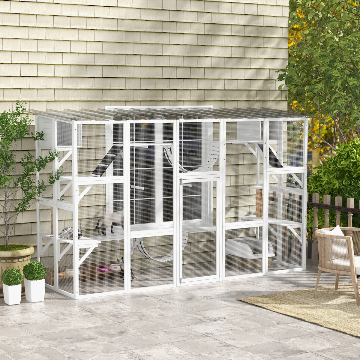 Large Outdoor Catio - White 118" Wooden Cat Enclosure-Cats-DECOROLALA