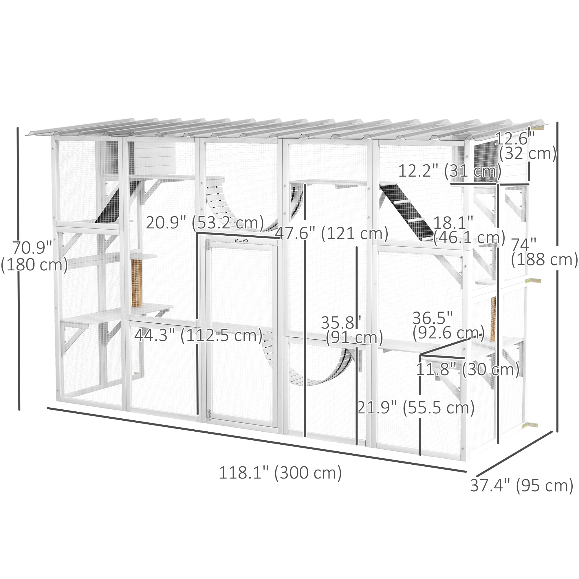 Large Outdoor Catio - White Wooden Cat Enclosure 118" W-DECOROLALA