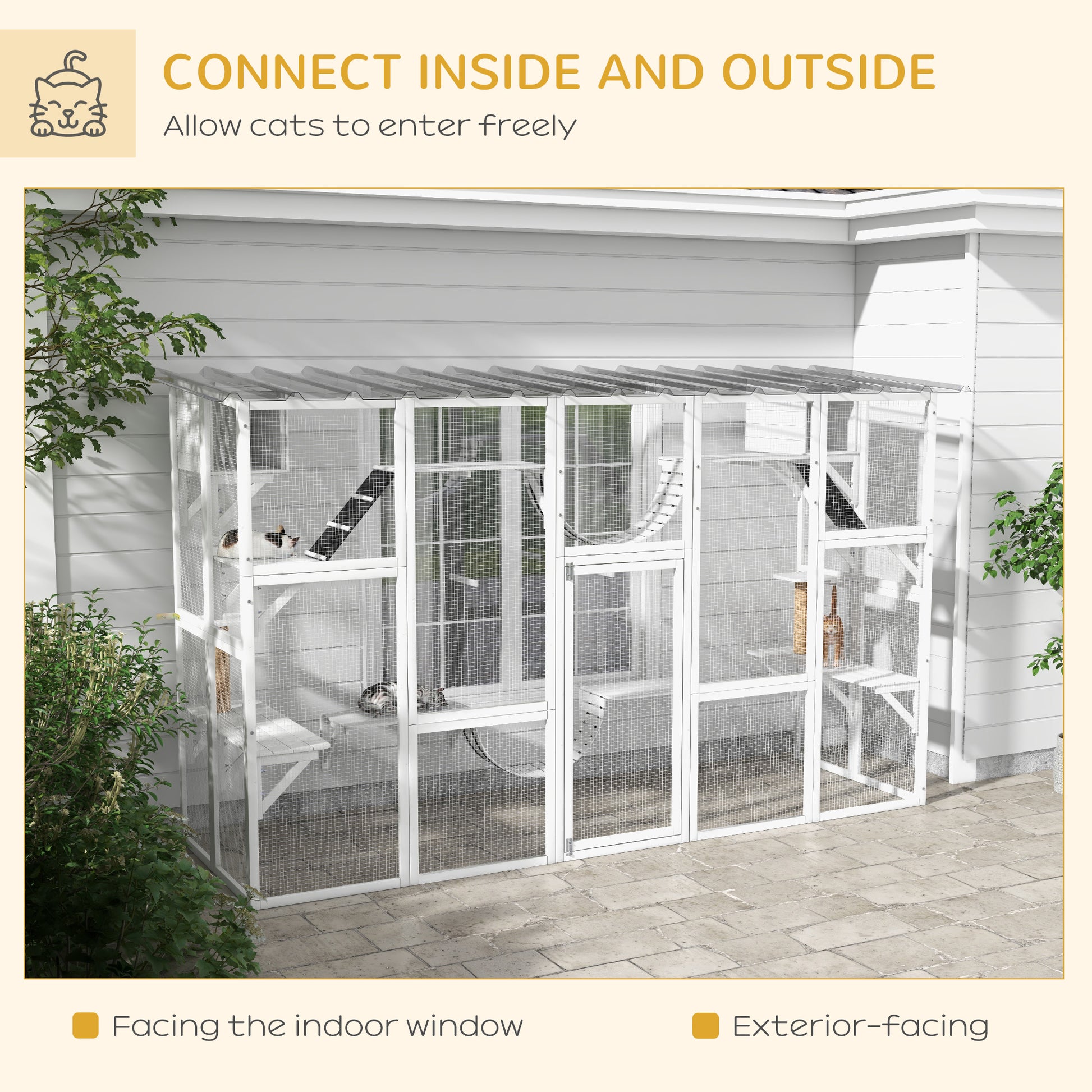 Large Outdoor Catio - White Wooden Cat Enclosure 118" W-DECOROLALA