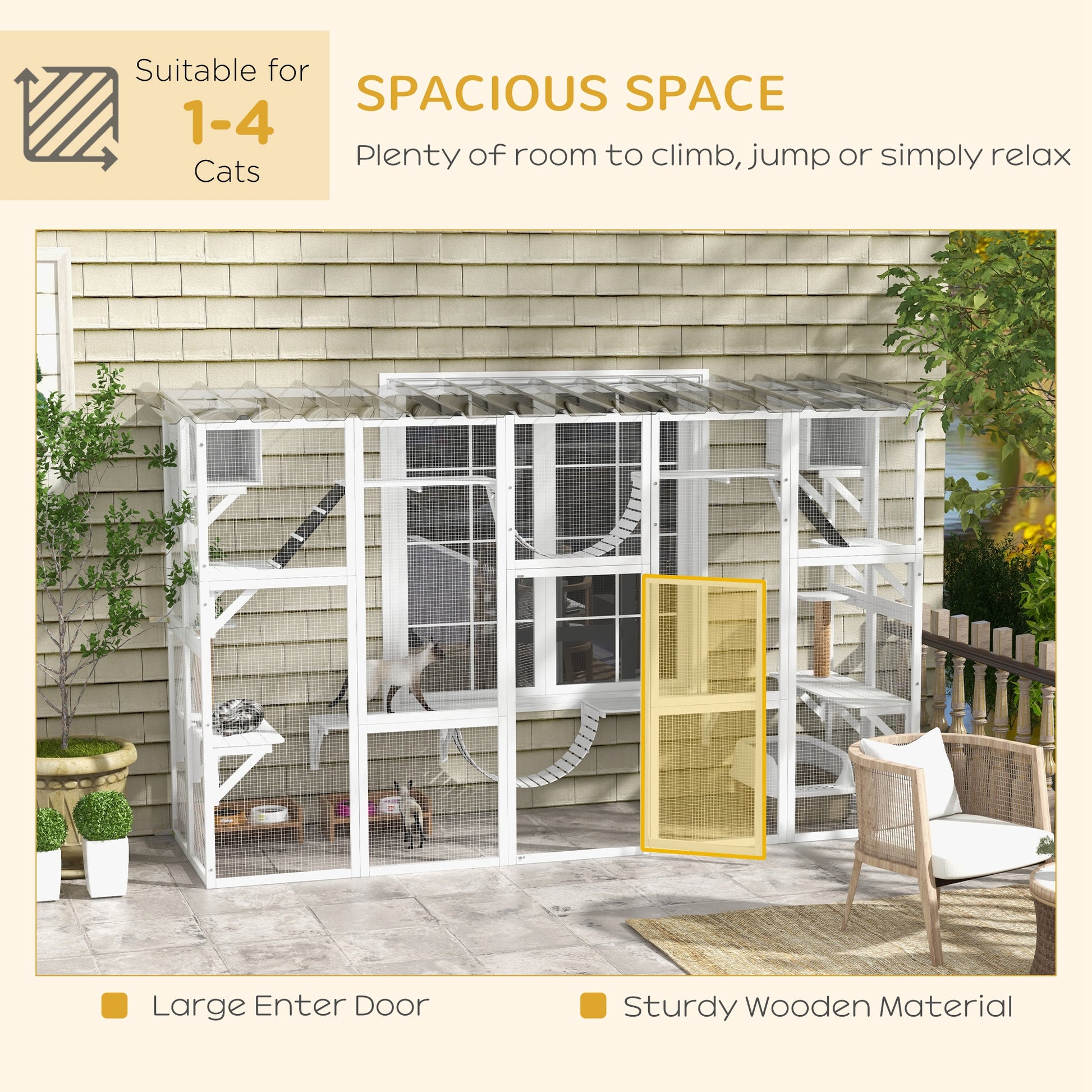 Large Outdoor Catio - White Wooden Cat Enclosure 118" W-DECOROLALA