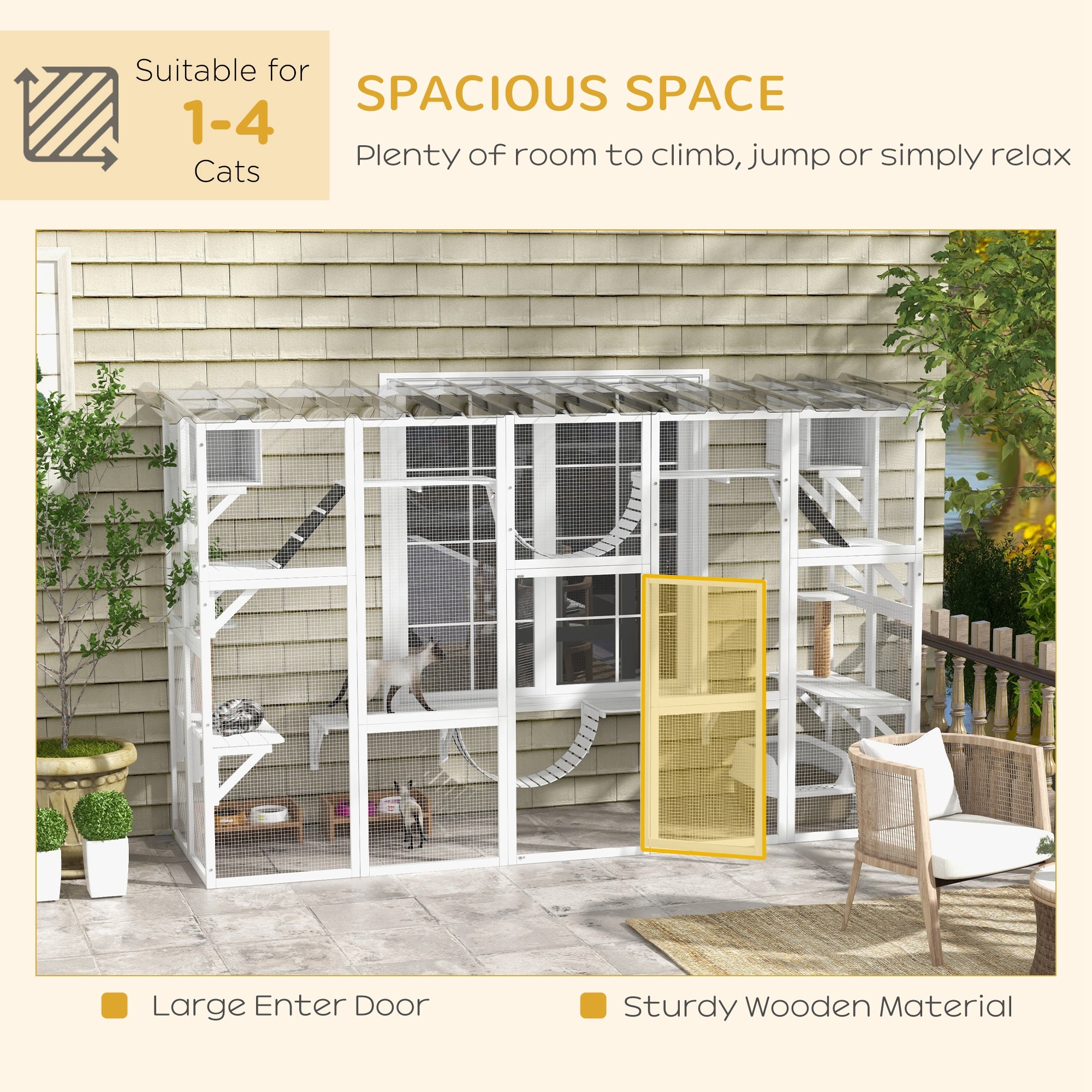Large Outdoor Catio - White Wooden Cat Enclosure 118" W-DECOROLALA