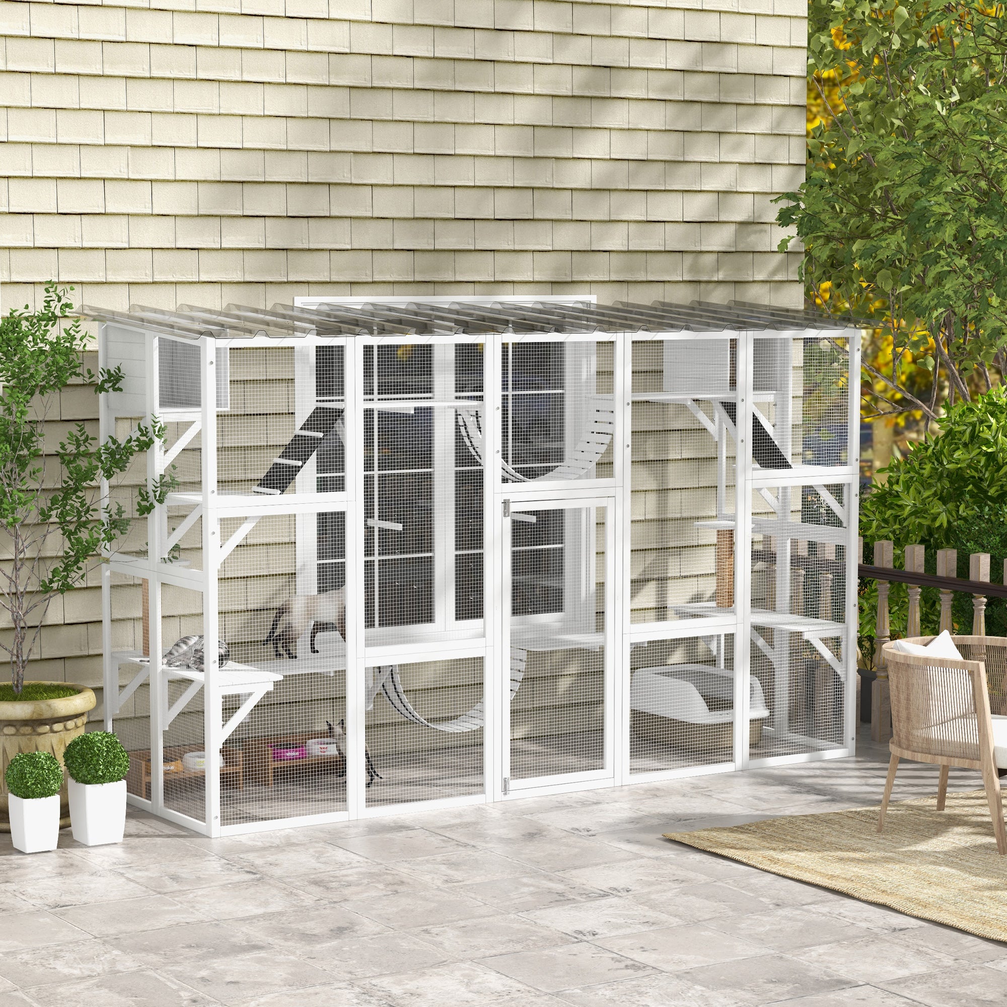 Large Outdoor Catio - White Wooden Cat Enclosure 118" W-DECOROLALA