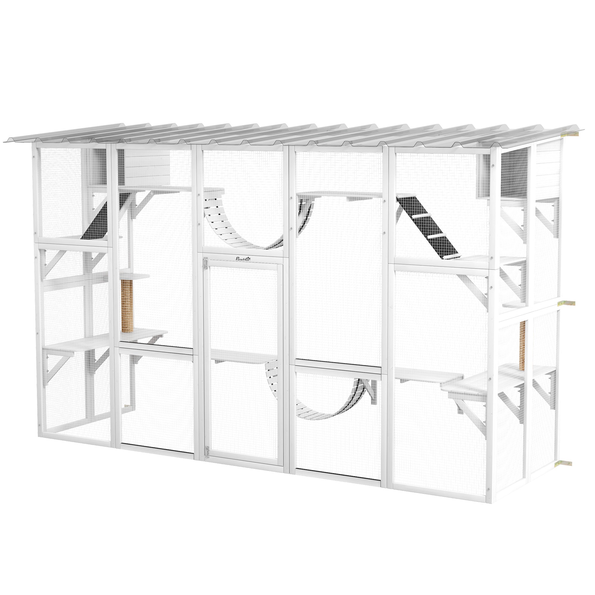 Large Outdoor Catio - White Wooden Cat Enclosure 118" W-DECOROLALA