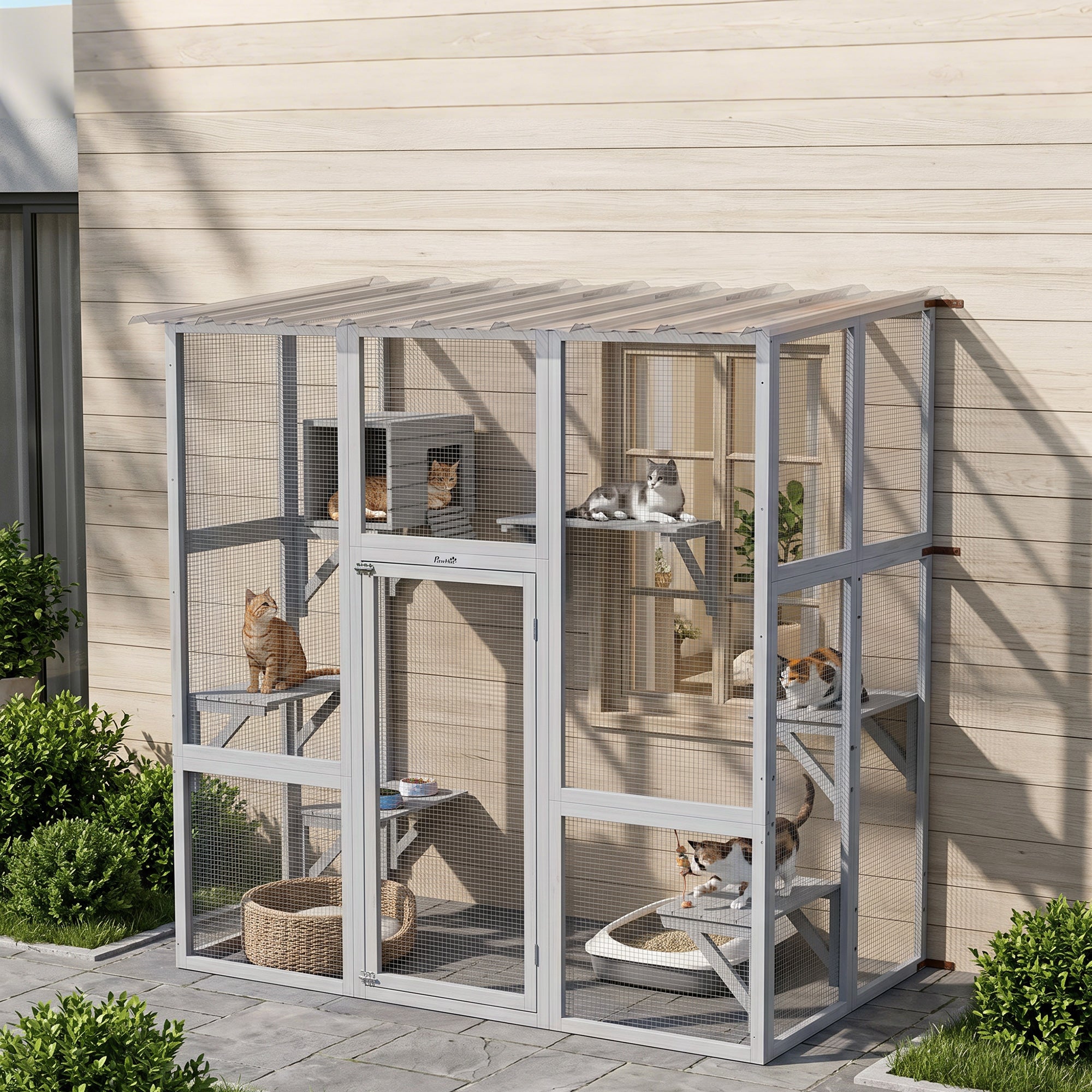 Large Outdoor Catio - White Wooden Cat Enclosure with Roof-Cats-DECOROLALA