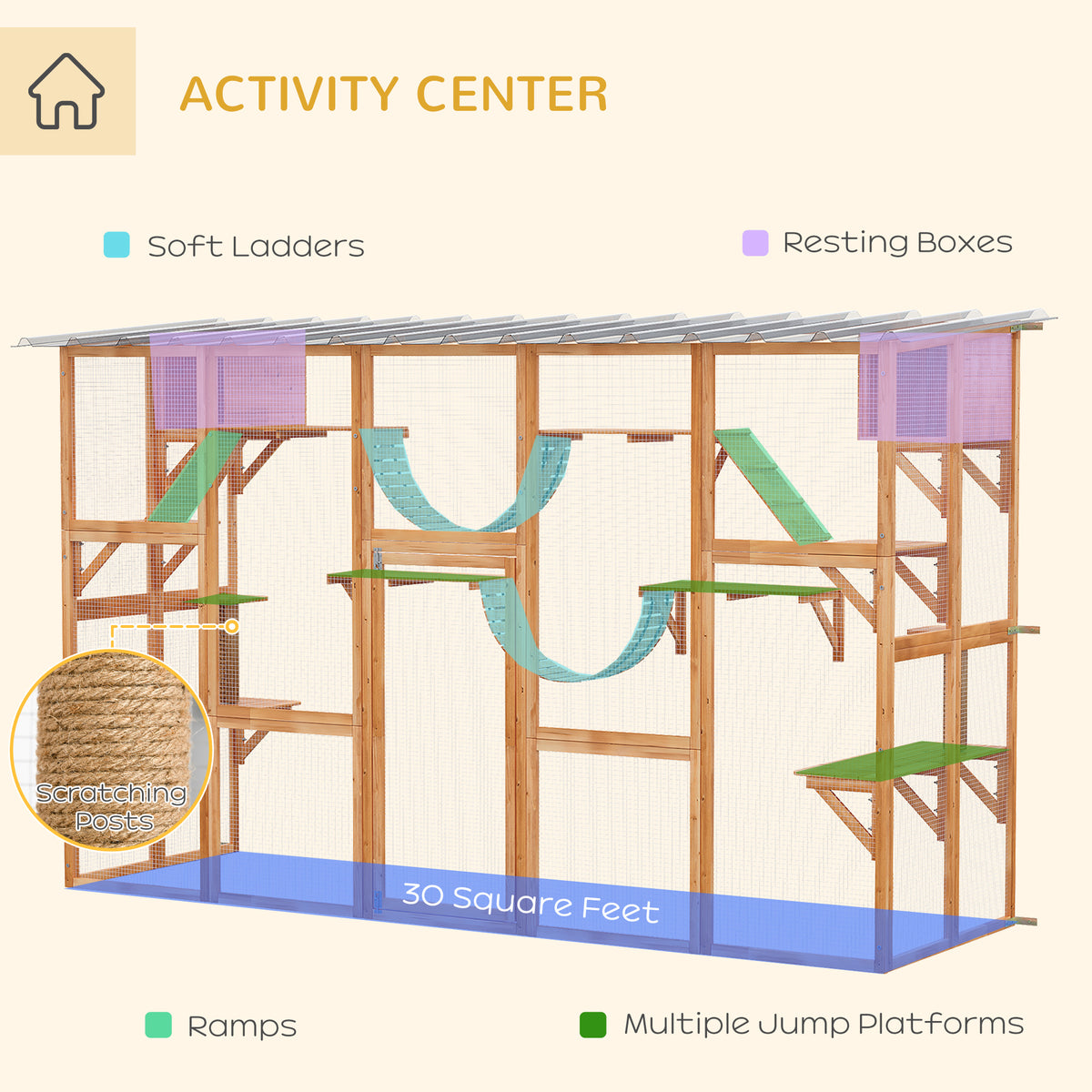Large Outdoor Catio with Condos Platforms Ladders Orange-Cat Houses-DECOROLALA