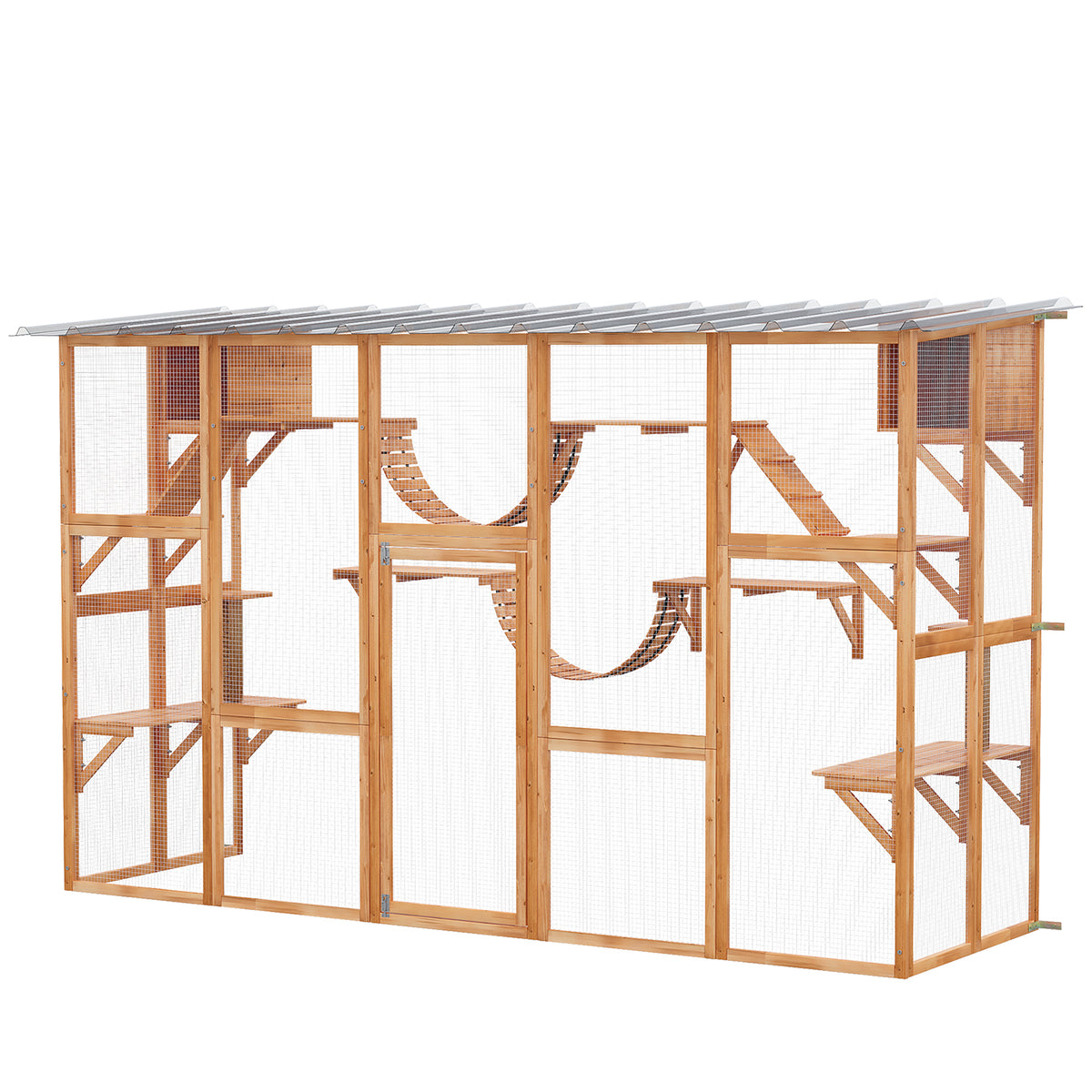 Large Outdoor Catio with Condos, Platforms, Doors, Ladders, Weather-Resistant Roof, Orange-Cat Houses-DECOROLALA