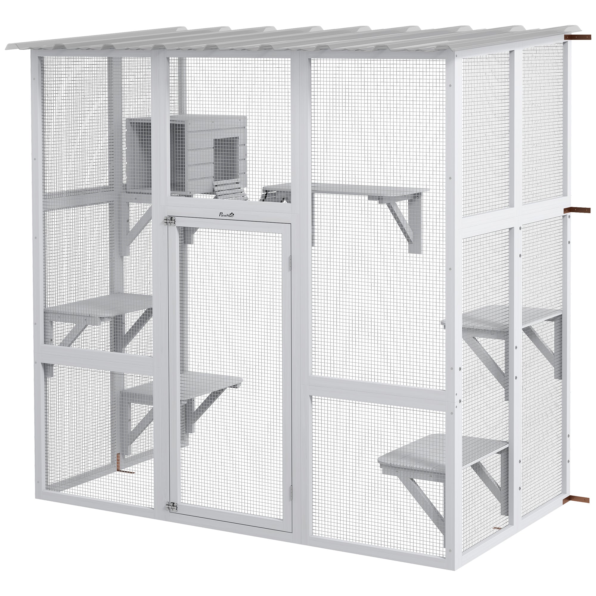 Large Outdoor Catio with Weatherproof Roof, Bridge, Resting Box, Platforms, White-Cats-DECOROLALA