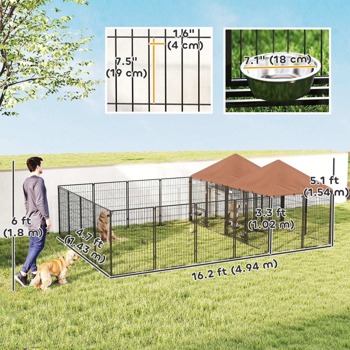 Large Outdoor Dog Kennel - 2 Rooms, 4 Bowls, Coffee 13.5' x 9.4'-Dogs-DECOROLALA