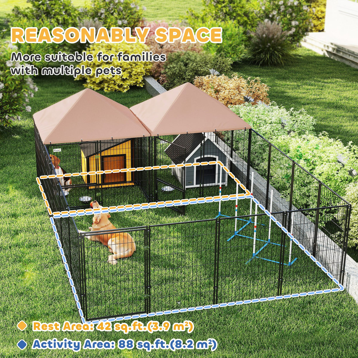Large Outdoor Dog Kennel - 2 Rooms, 4 Bowls, Coffee 13.5' x 9.4'-Dogs-DECOROLALA