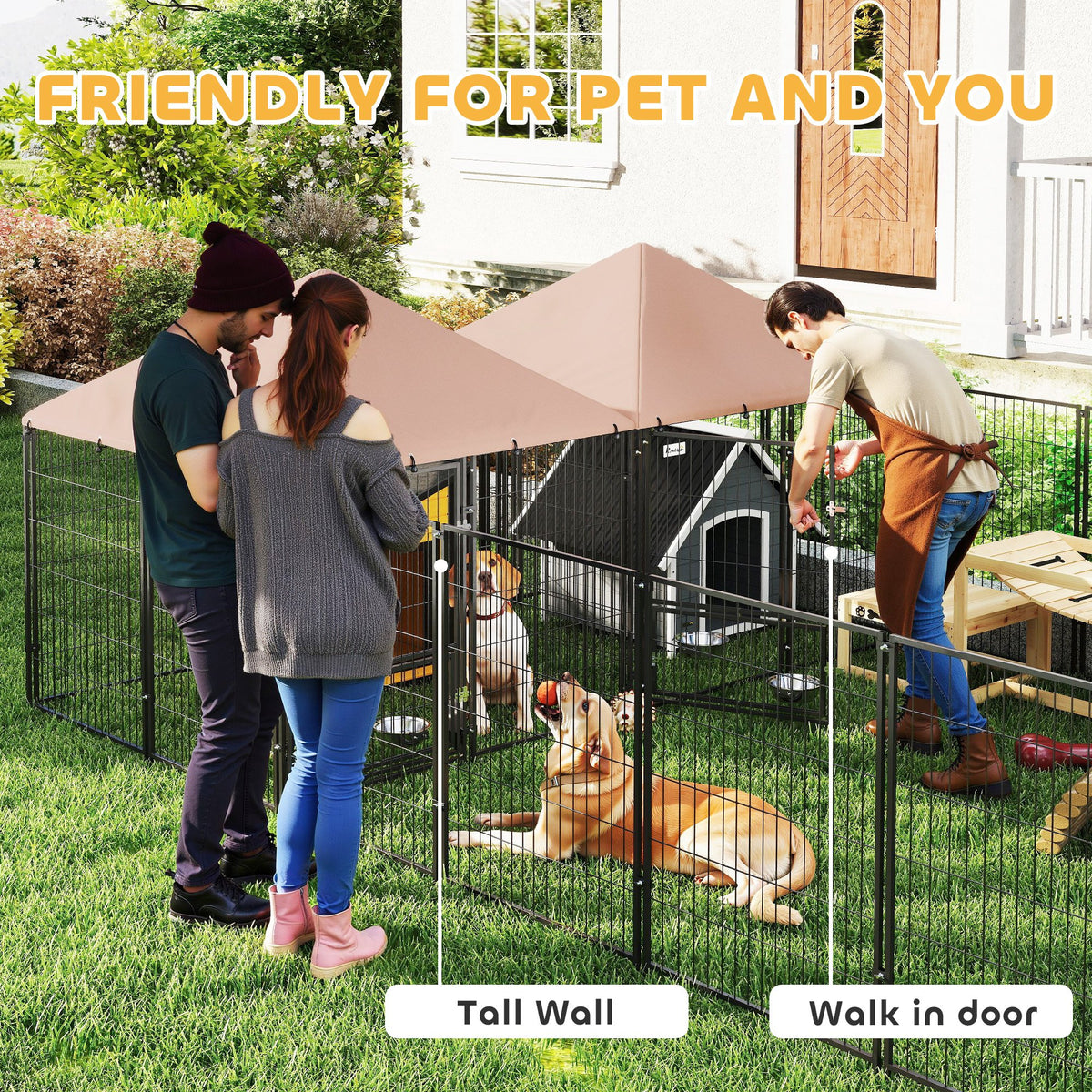 Large Outdoor Dog Kennel - 2 Rooms, 4 Bowls, Coffee 13.5' x 9.4'-Dogs-DECOROLALA