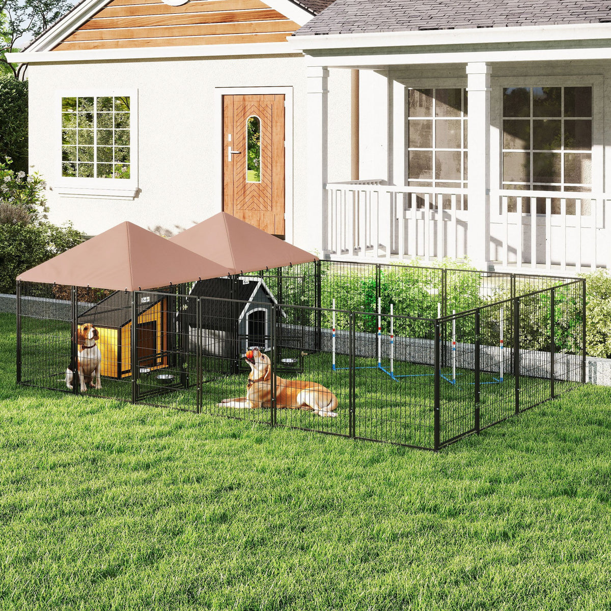 Large Outdoor Dog Kennel - 2 Rooms, 4 Bowls, Coffee 13.5' x 9.4'-Dogs-DECOROLALA