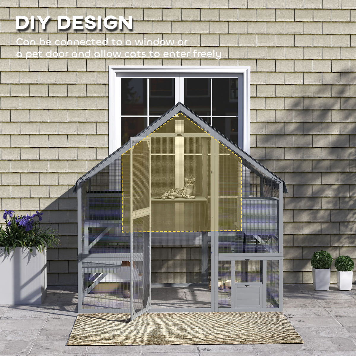 Large Outdoor Fir Wood Catio with Waterproof Cover - Grey-Cat Supplies-DECOROLALA