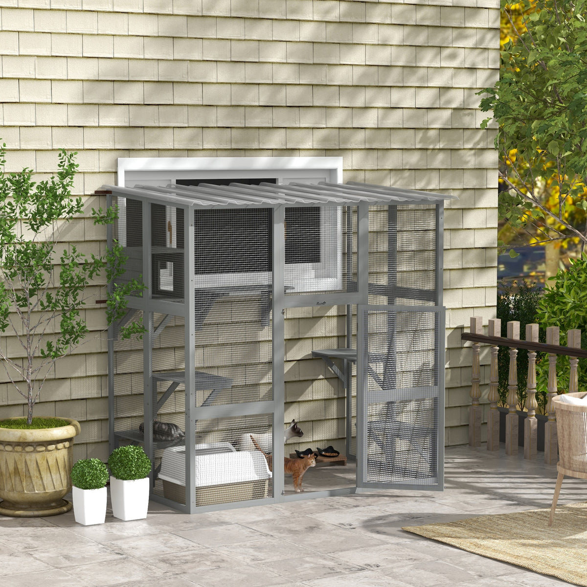 Large Outdoor Wood Catio - Grey Weatherproof Cat Enclosure-Cats-DECOROLALA
