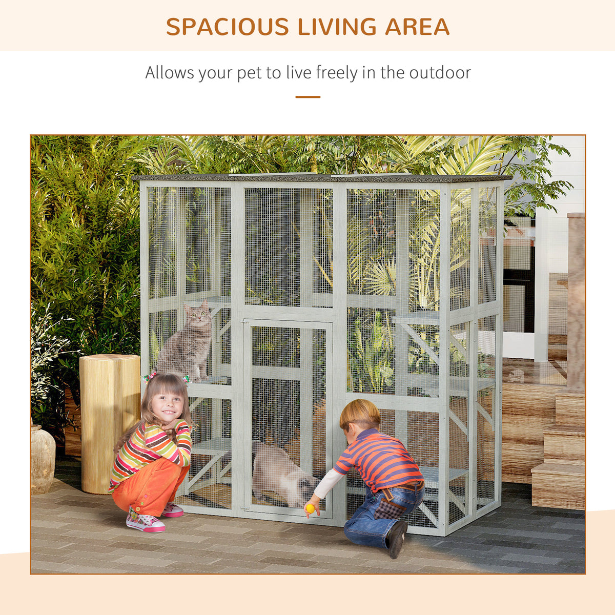 Large Outdoor Wooden Catio Enclosure - 71" Grey Asphalt Roof-Cats-DECOROLALA