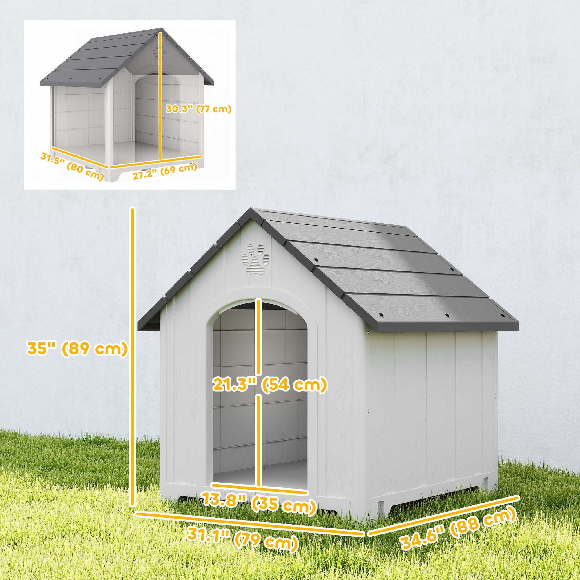 Large Plastic Dog House Outdoor Indoor, Water Resistant Puppy Shelter with Base Support, 34.6" L x 31.1" W x 35" H-Dogs-DECOROLALA