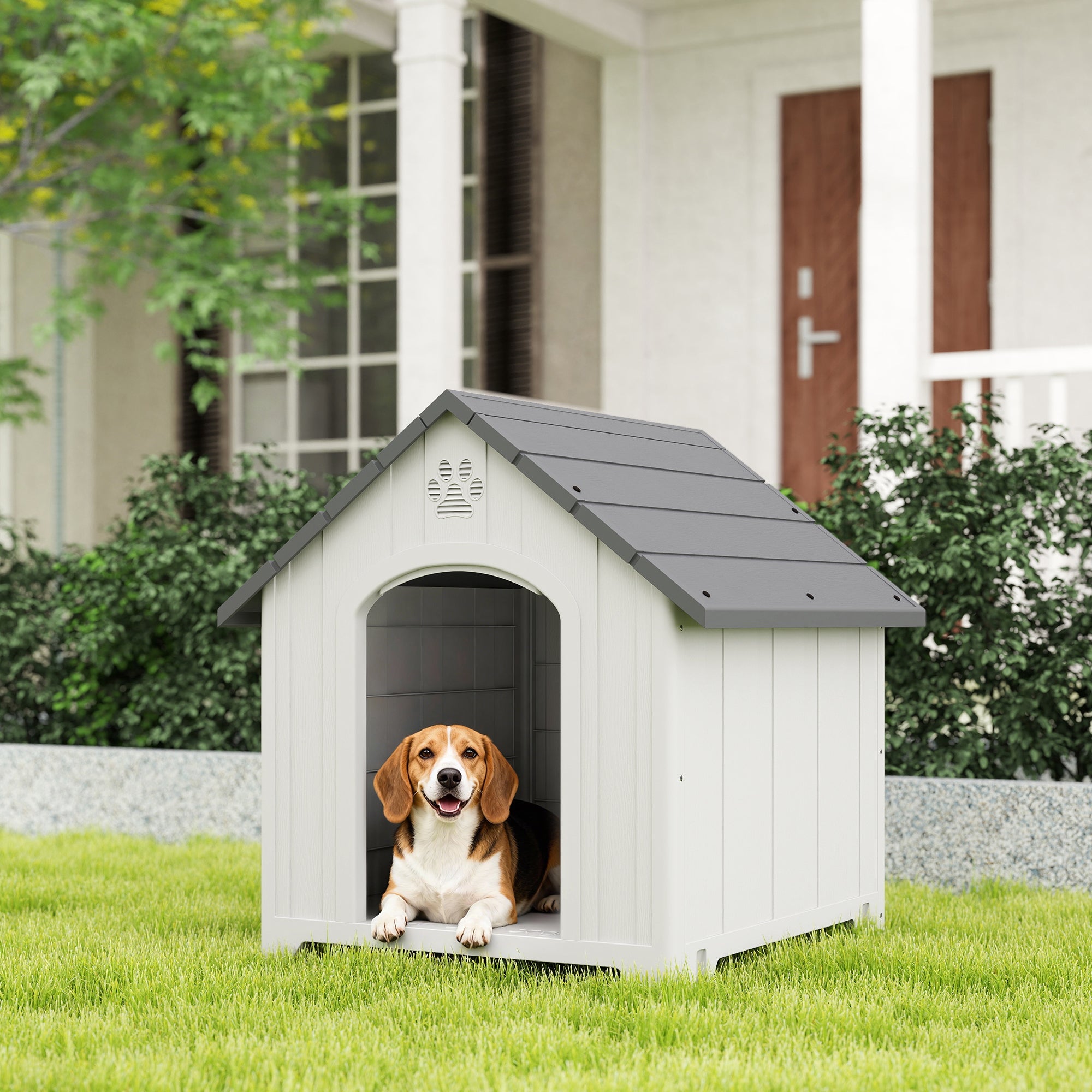 Large Plastic Outdoor Dog House - Gray 35" H Water Resistant-Dogs-DECOROLALA