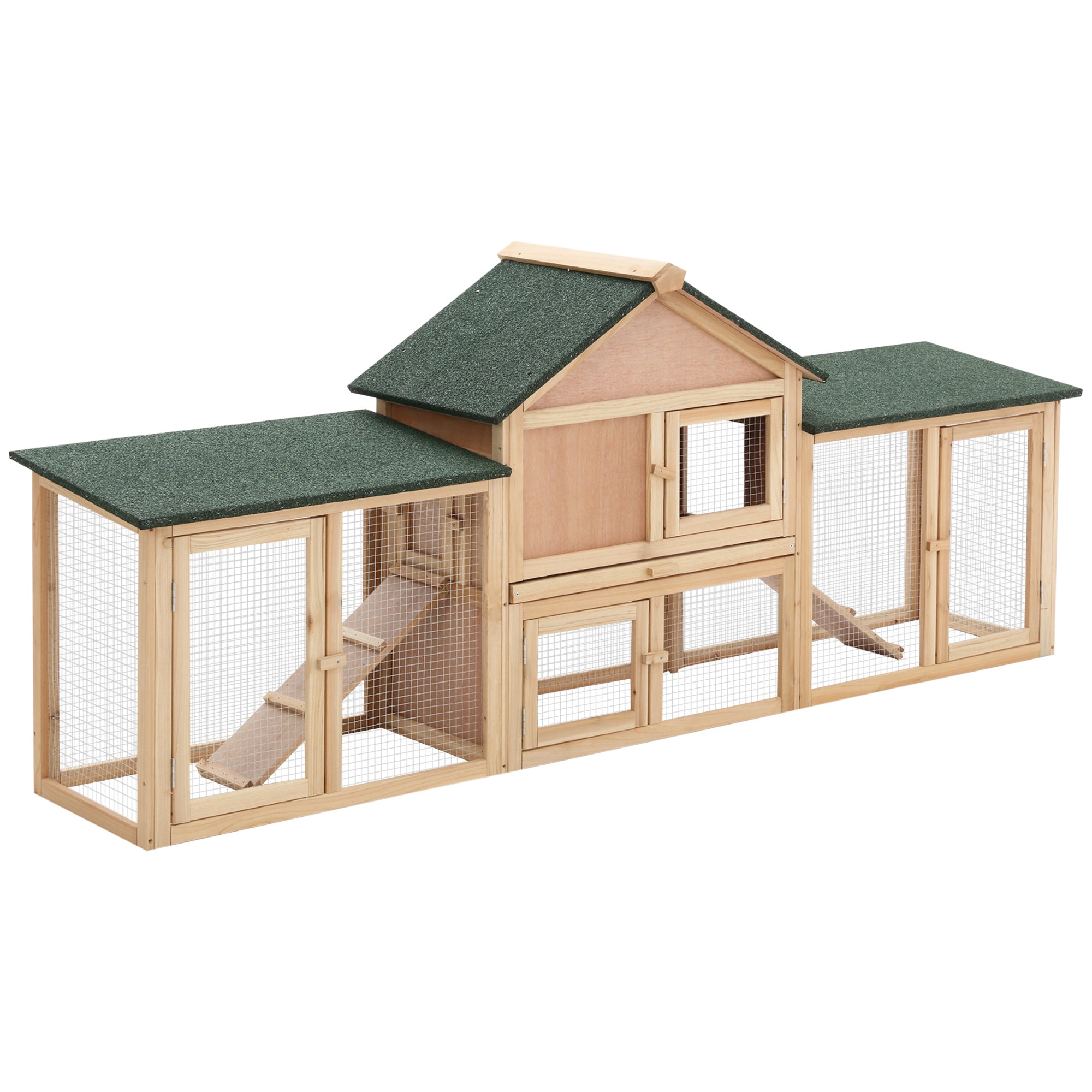 Large Rabbit Hutch Wood Bunny Cage Outdoor Guinea Pig House with Double Runs Slide Out Tray Ramps, 83"x18"x33", Natural-Small Animals-DECOROLALA
