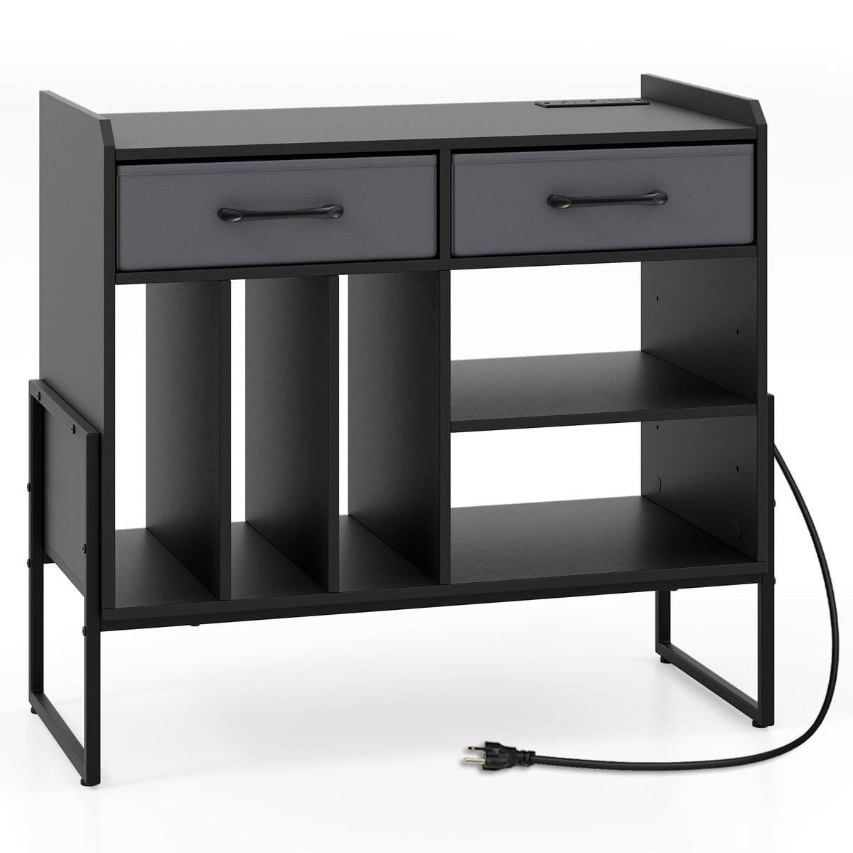 Large Record Player Stand with Charging Station Mid Century Modern Vinyl Storage Cabinet-Black-End & Side Tables-DECOROLALA