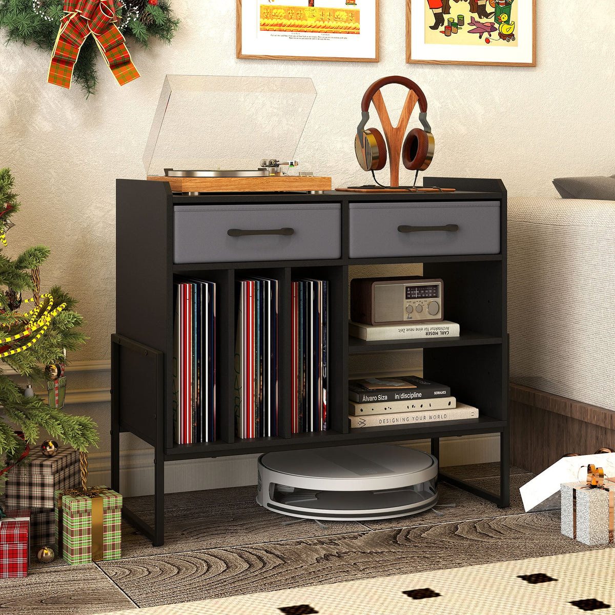 Large Record Player Stand with Charging Station Mid Century Modern Vinyl Storage Cabinet-Black-End & Side Tables-DECOROLALA