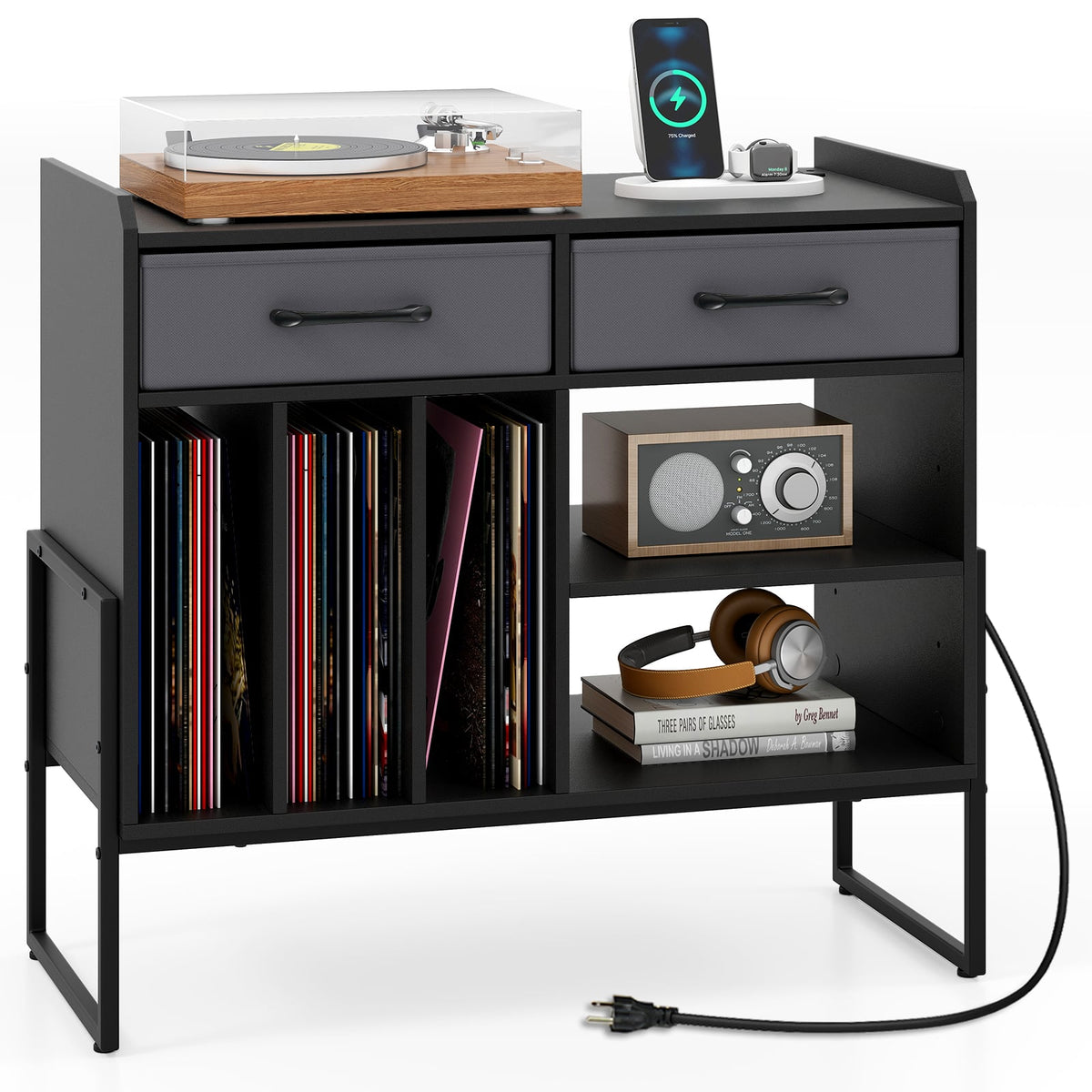 Large Record Player Stand with Charging Station Mid Century Modern Vinyl Storage Cabinet-Black-End & Side Tables-DECOROLALA