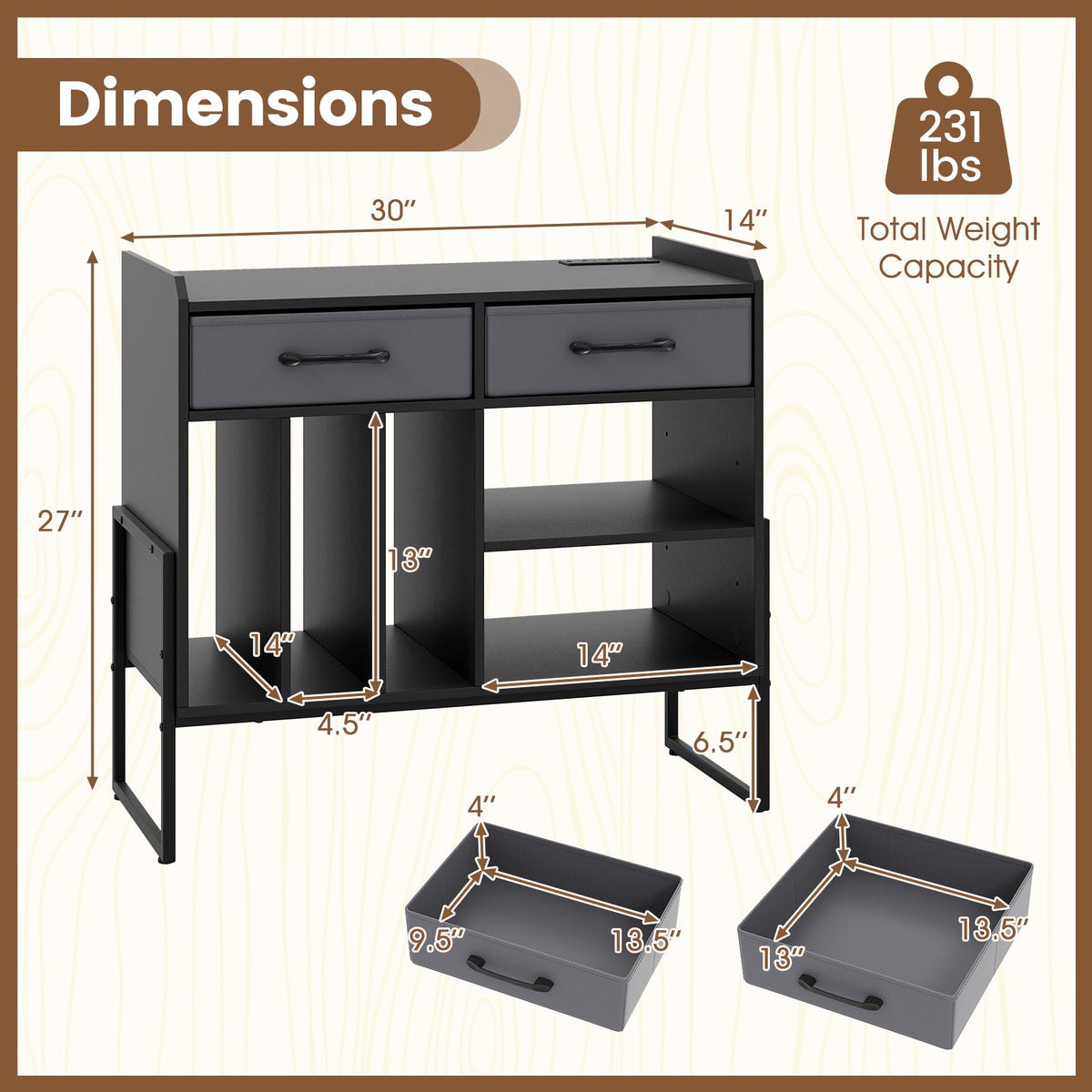 Large Record Player Stand with Charging Station Mid Century Modern Vinyl Storage Cabinet-Black-End & Side Tables-DECOROLALA