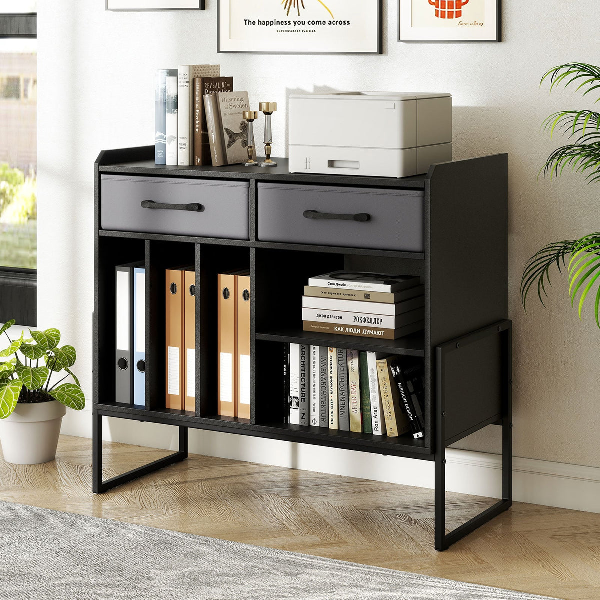 Large Record Player Stand with Charging Station Mid Century Modern Vinyl Storage Cabinet-Black-End & Side Tables-DECOROLALA