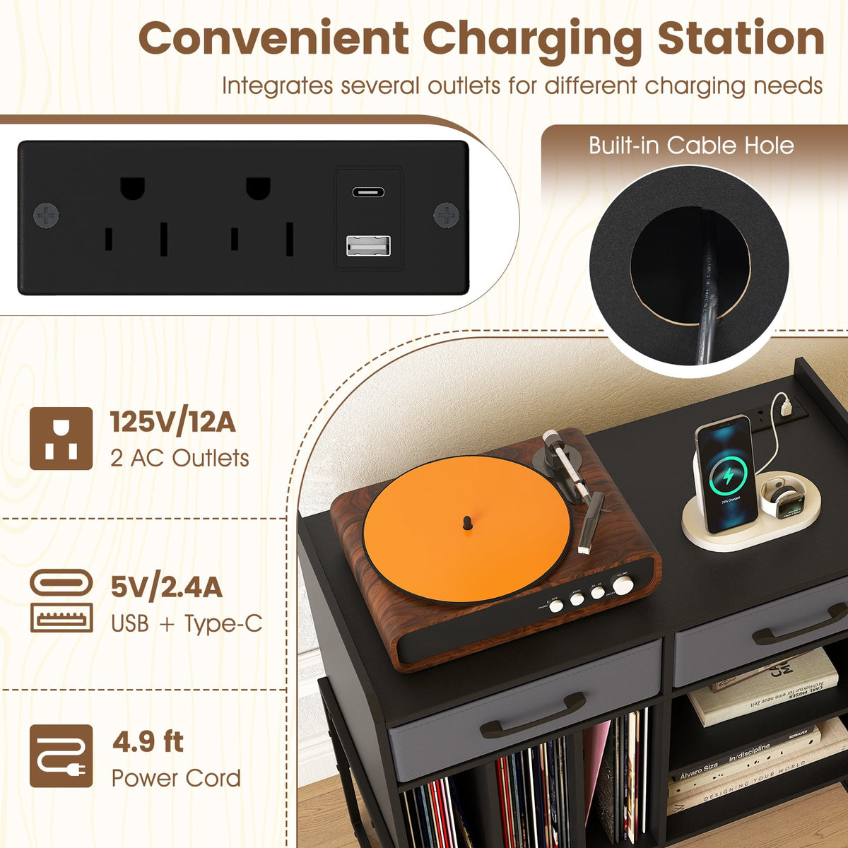 Large Record Player Stand with Charging Station Mid Century Modern Vinyl Storage Cabinet-Black-End & Side Tables-DECOROLALA