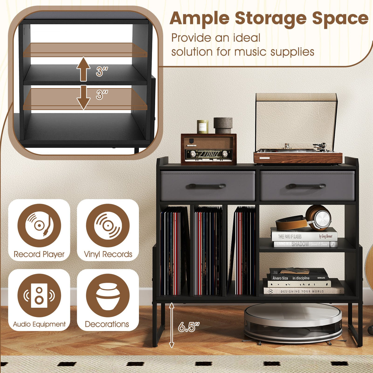 Large Record Player Stand with Charging Station Mid Century Modern Vinyl Storage Cabinet-Black-End & Side Tables-DECOROLALA