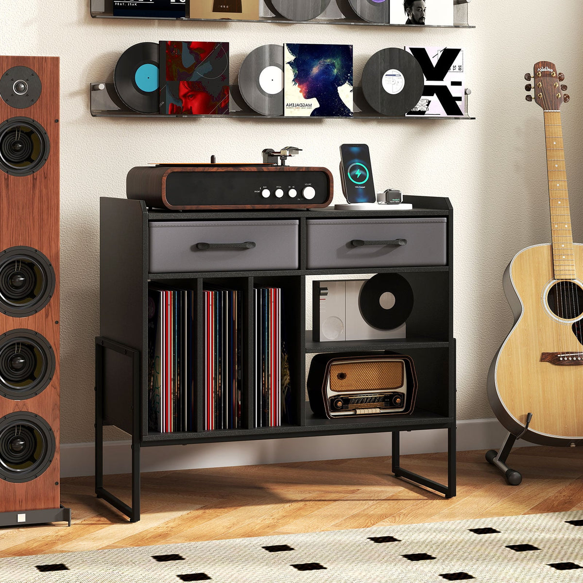 Large Record Player Stand with Charging Station Mid Century Modern Vinyl Storage Cabinet-Black-End & Side Tables-DECOROLALA