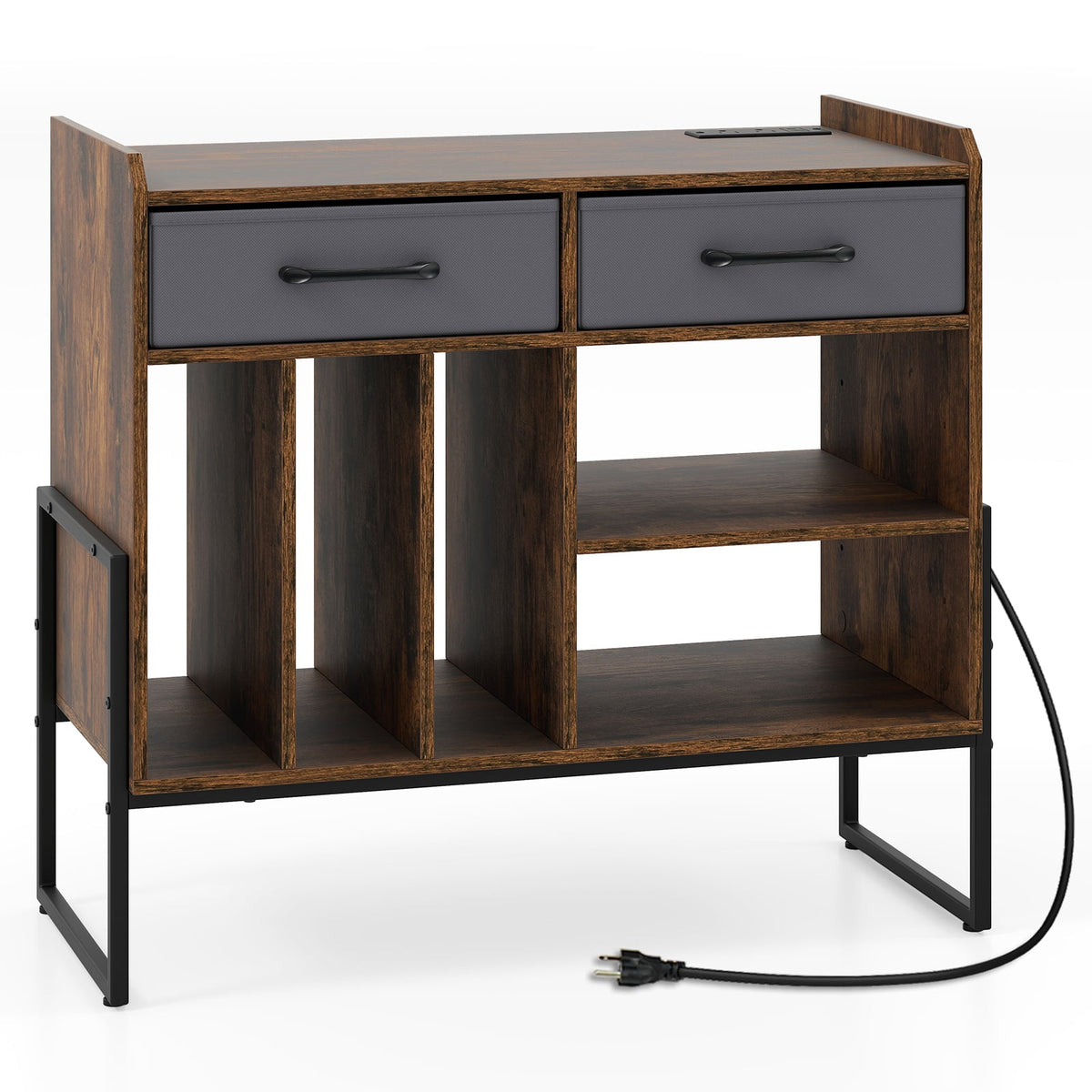 Large Record Player Stand with Charging Station Mid Century Modern Vinyl Storage Cabinet-Rustic Brown-End & Side Tables-DECOROLALA