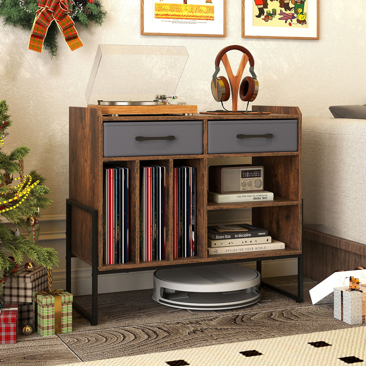 Large Record Player Stand with Charging Station Mid Century Modern Vinyl Storage Cabinet-Rustic Brown-End & Side Tables-DECOROLALA