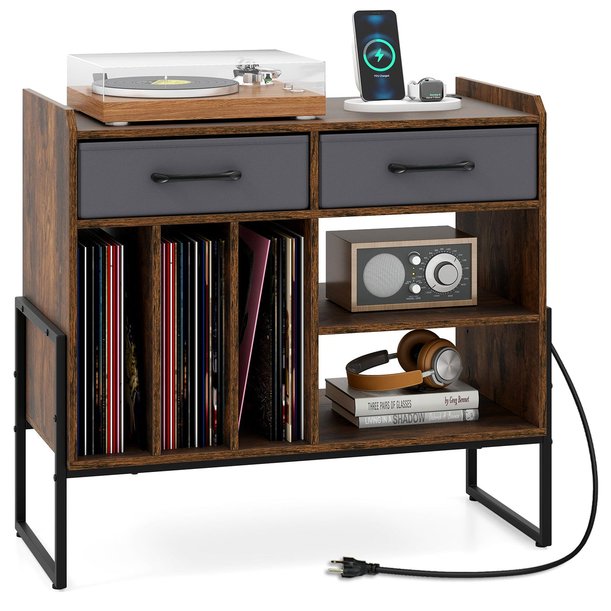 Large Record Player Stand with Charging Station Mid Century Modern Vinyl Storage Cabinet-Rustic Brown-End & Side Tables-DECOROLALA