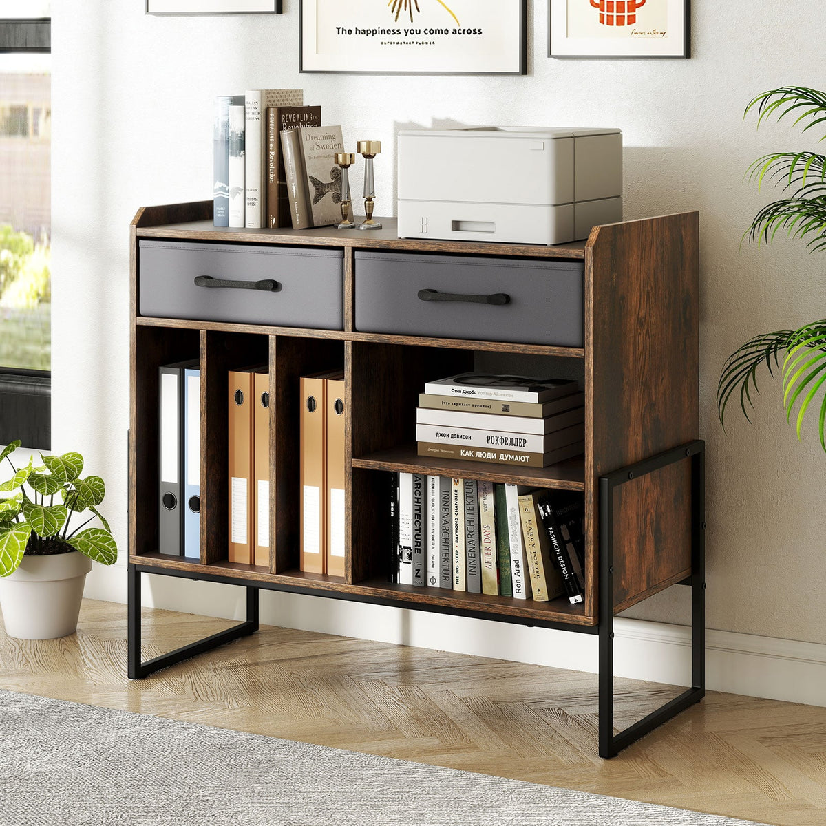 Large Record Player Stand with Charging Station Mid Century Modern Vinyl Storage Cabinet-Rustic Brown-End & Side Tables-DECOROLALA