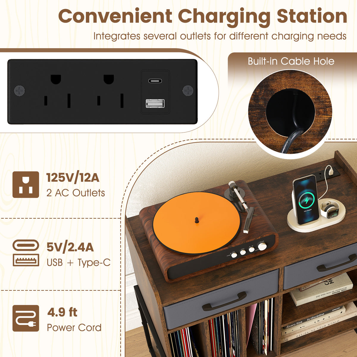 Large Record Player Stand with Charging Station Mid Century Modern Vinyl Storage Cabinet-Rustic Brown-End & Side Tables-DECOROLALA