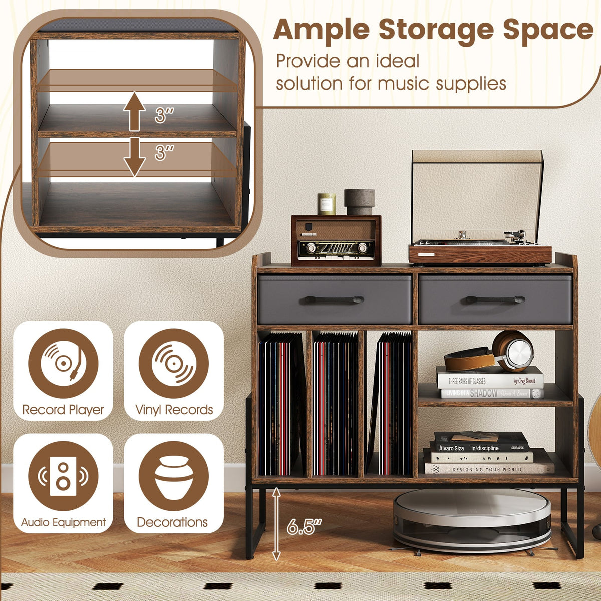 Large Record Player Stand with Charging Station Mid Century Modern Vinyl Storage Cabinet-Rustic Brown-End & Side Tables-DECOROLALA