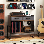 Large Record Player Stand with Charging Station Mid Century Modern Vinyl Storage Cabinet-Rustic Brown-End & Side Tables-DECOROLALA